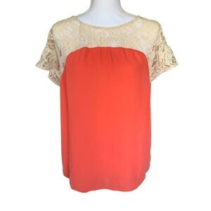 Anthropologie Maeve Penumbra Top Womens Sz Small Coral Lace Neckline Hi Lo Hem